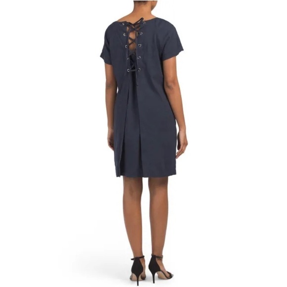 Theory Navy Blue Lace Back Raglan Shift Dress Linen Blend Size 6 Knee Length - Picture 8 of 9
